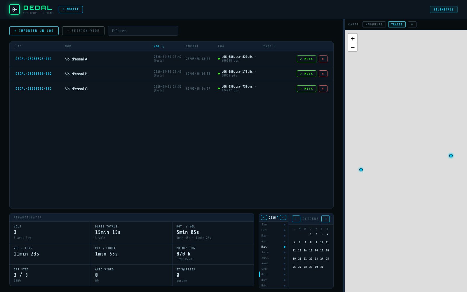 DEDAL Studio, the home screen: the session list, the flight summary and the calendar