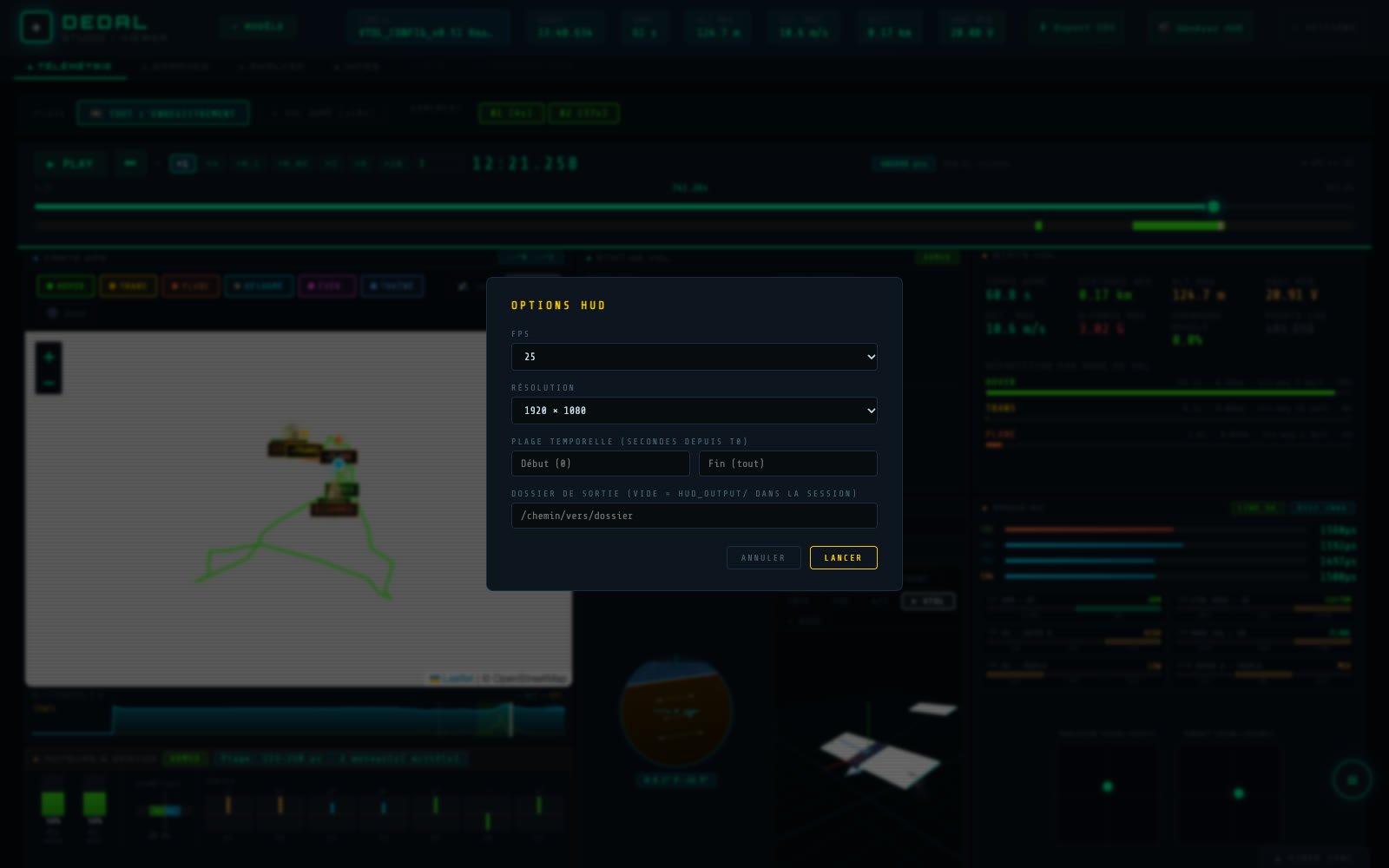 DEDAL Studio, the overlay options: frame rate, resolution, time range and output folder