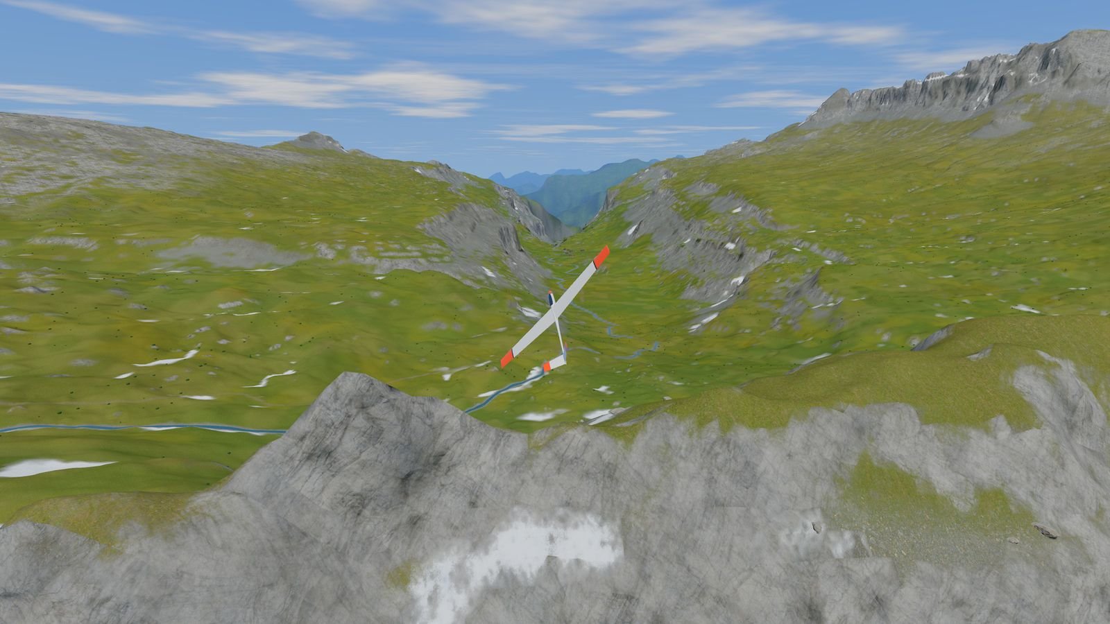 The slope glider along the ridge, above the alpine cirque’s valley