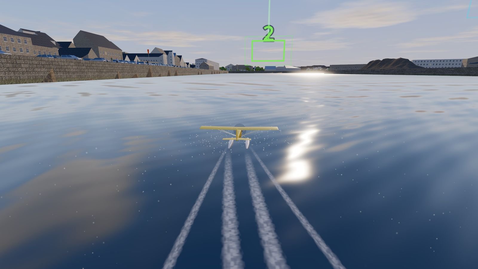 The cub on floats runs across the harbour water to take off, gate 2 ahead