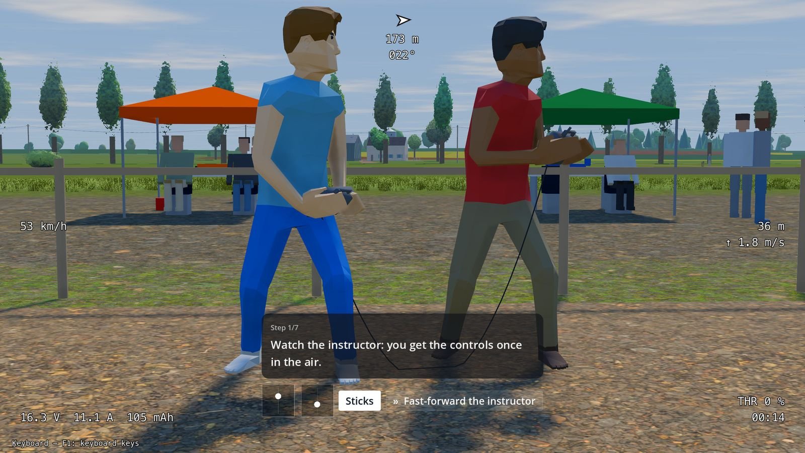 The “Controls” lesson in the game: the instructor and the student on the buddy cable, the first instruction on screen