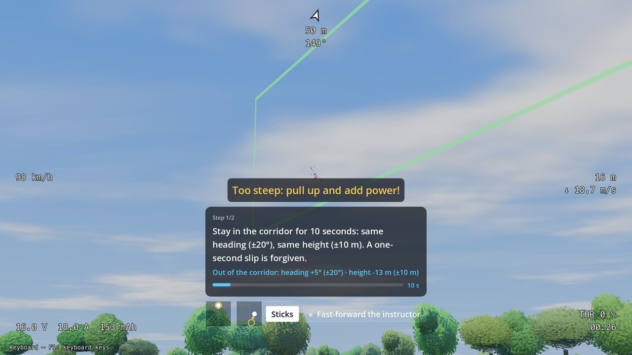 In the game, the instructor’s warning in orange: “Too steep: pull up and add power!”, above the step’s instruction