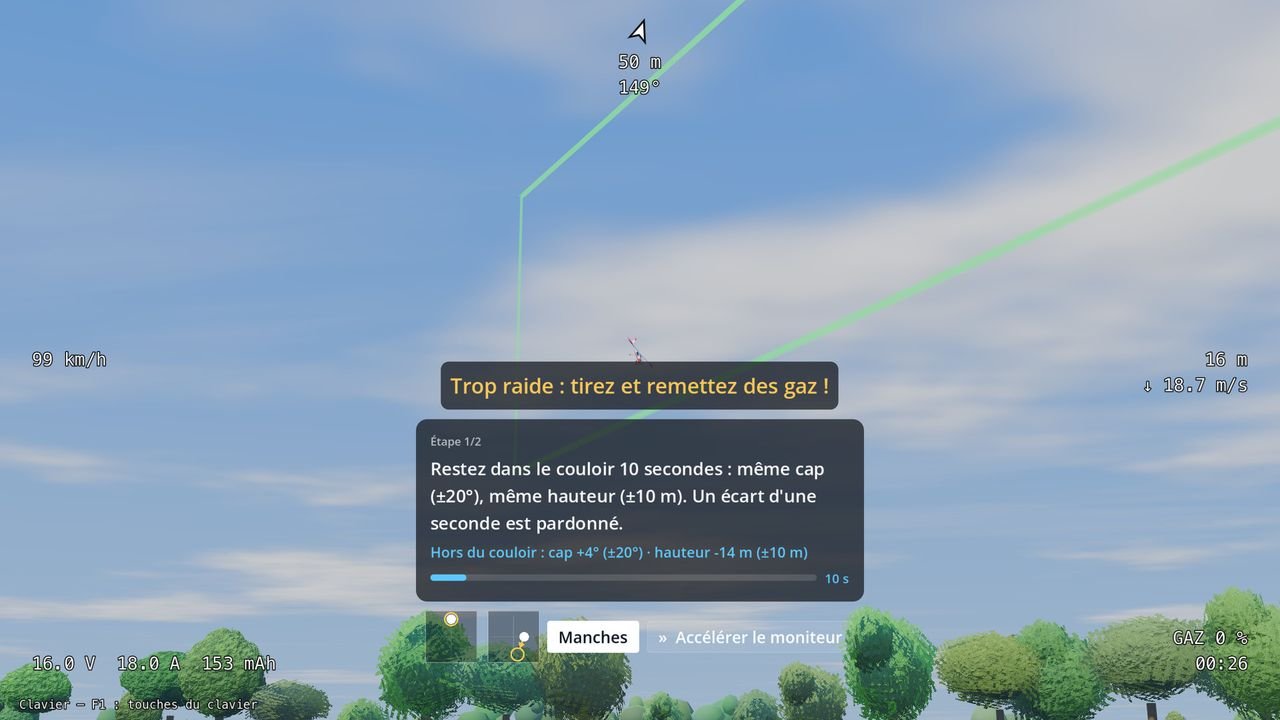 Dans le jeu, l’avertissement du moniteur en orange : « Trop raide : tirez et remettez des gaz ! », au-dessus de la consigne de l’étape