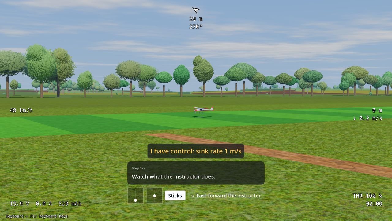 In the game, the instructor has taken over, the aircraft just above the runway: “I have control: sink rate 1 m/s”