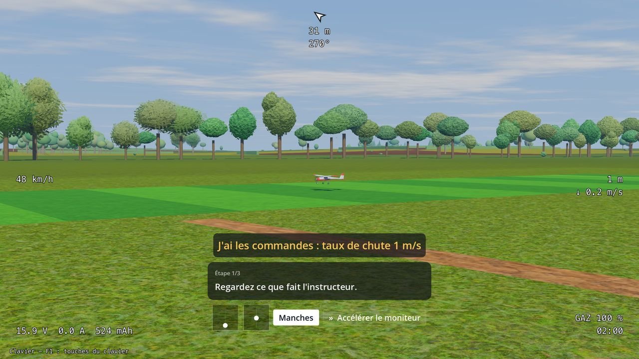 Dans le jeu, le moniteur a repris la main, l’avion au ras de la piste : « J’ai les commandes : taux de chute 1 m/s »